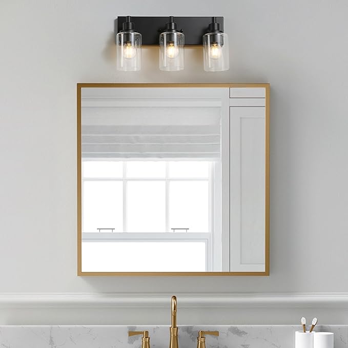 LOUSACE 3 Light Bathroom Vanity Light, Matte Black Bathroom Light Fixtures Over Mirror, Modern Bathroom Lighting with Clear Glass Shade, Black Farmhouse Wall Sconces Lighting Fixture for Bedroom