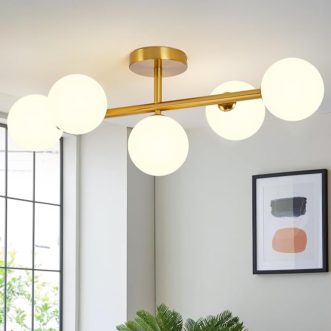 Globe Milk Glass Ceiling Light: Gold 5 Lights Semi Flush Mount Ceiling Light - Linear Century Modern Lighting Fixture - 27 Inch Brass Glass Lights with Sphere Shade for Bedroom Living Room Hallway