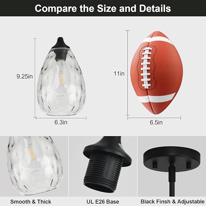 Glass Pendant Lights Kitchen Island, 6.3in Small Modern Black Pendant Light Fixtures with Hammered Clear Glass, Hanging Lighting for Kitchen Over Sink Dining Room Bedroom