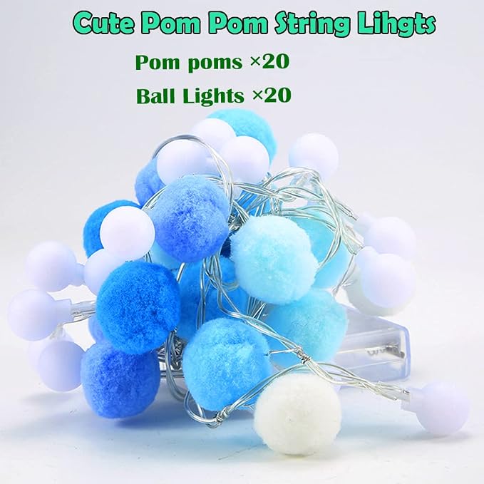 ChiRee Indoor String Lights 6.56 Feet Pom Poms Fairy 20 LED Battery Operated Ball Warm White Globe Colorful Decor for Home Bedroom Kids Playhouse Holiday Christmas