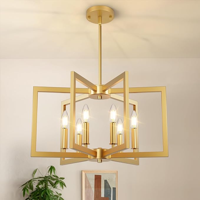 6-Light Gold Chandelier, Farmhouse Dining Room Light Fixture, 21.3in Modern Chandelier, Geometric Industrial Metal Hang Lighting Fixture for Foyer Entryway Kitchen Over Table Hallway Living Room