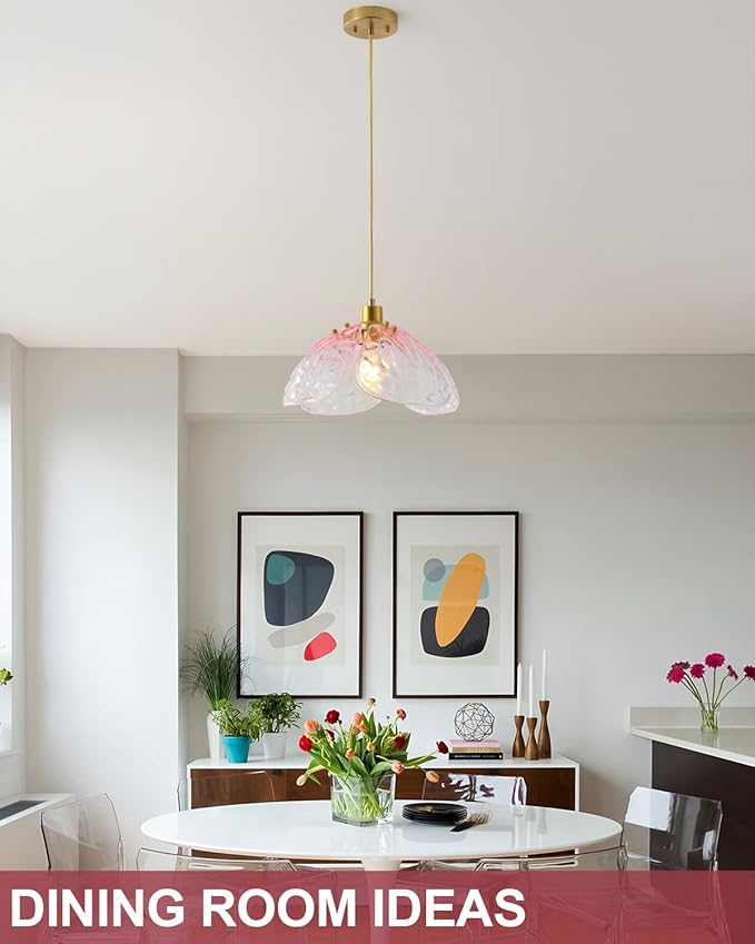 Vintage Gradient Pink Pendant Light,Bronze Pendant Lighting Fixture with Handmade Leaf Glass for Bedroom,Kitchen,Hallway,Entryway
