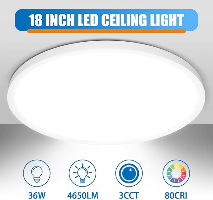 Allsmartlife LED Flush Mount Ceiling Light 4-Pack, 18 inch Thin Round Flat Panel Light 36W 4650lm, 3000K/4000K/6500K Dimmable, White Light Fixtures Ceiling Mount for Kitchen, Bedroom