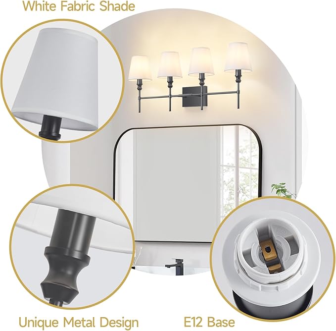 Black Bathroom Vanity Light 4 Light，32.3In Vintage Bathroom Light Fixtures Over Mirror,Hardwired Vanity Wall Sconce with Flared White Fabric Lampshade for Bedroom,Living Room,Foyer,E12 Base