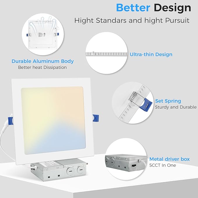 HONZIN 4 Pack 12 Inch Square Recessed Lighting, 5CCT Ultra-Thin LED Downlight, 2700K/3000K/3500K/4000K/5000K Selectable, Dimmable, 24W, IC Rated Canless Ceiling Lights with Junction Box, White Trim