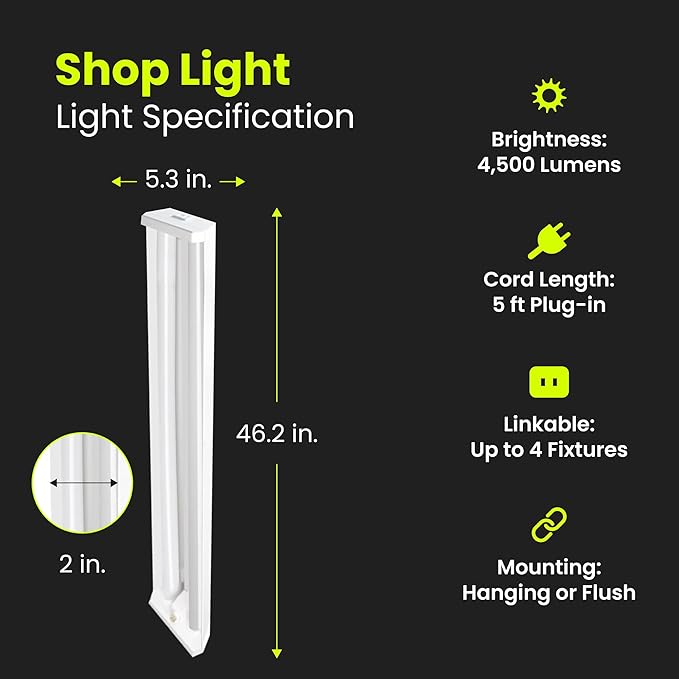Feit Electric 4ft LED Dual Lamp Shop Light, 4500 Lumens, 4000K Cool White, Flush/Hanging Mount, Ideal for Garages & Workshops, 45W LED Garage & Workshop Lighting, 50,000 Hour Lifespan, SHOP/4X2/840/V1