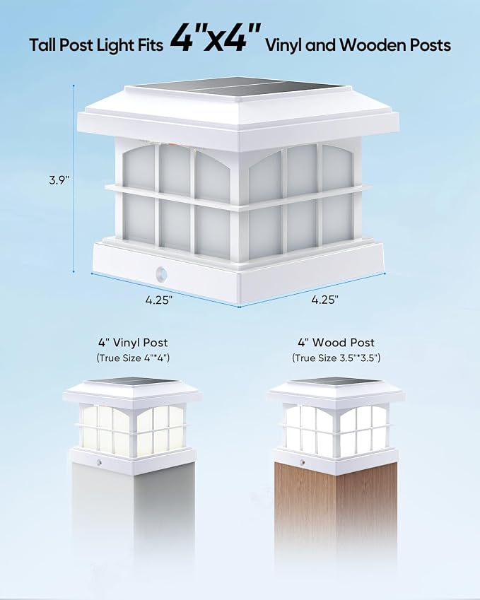 PARTPHONER RGBCW Solar Post Cap Lights 2-Pack, 9 Colors 3 Modes Fence Cap Lights, Bright Solar Outdoor Waterproof LED Deck Lighting for Fence Garden Deck Patio Porch Decor 4x4 Vinyl/Wood, White