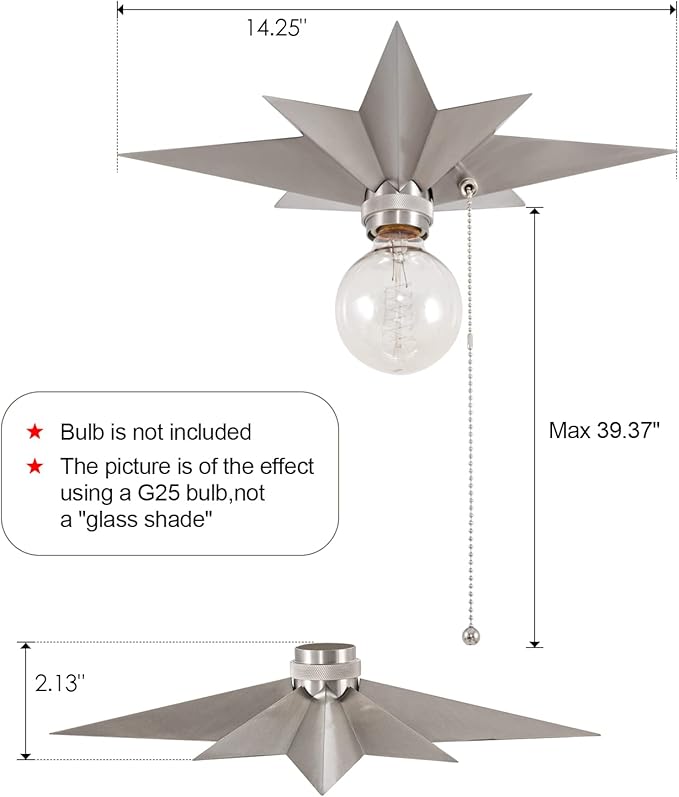 VILUXY Flush Mount Ceiling Light, Satin Nickel Star Light Fixtures Ceiling with Pull Chain On/Off Switch for Hallway, Entryway, Study Room, Bedroom