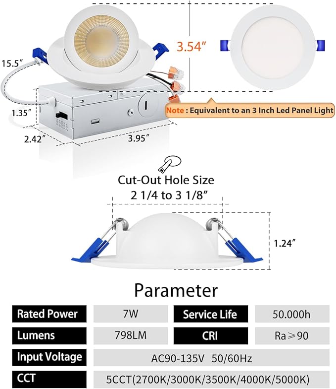 Adetu 3 Inch 5CCT Gimbal Led Recessed Lighting with Junction Box, 2700K/3000K/3500K/4000K/5000K Selectable, 7W Eqv 80W, 360°+90° Adjustable Recessed Lights, 800LM Brightness - ETL (White, 6 Pack)