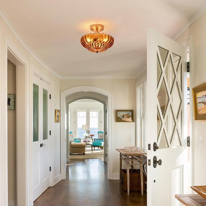 Semi Flush Mount Ceiling Light Fixture, Amber Glass 3-Light Modern Vintage Ceiling Lights, Scalloped Close to Ceiling Light, Gold Base Flush Mount Ceiling Light for Hallway Bedroom Entryway Kitchen