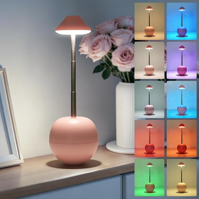 Rechargeable LED Table Light, Tumbler Cordless Table Lamp with 3 Colors & 7 RGB Stepless Dimmable Touch Control Lamps for Patio Restaurant Dining Home Bars (Pink)