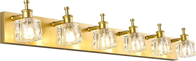 PRESDE 6 Light Bathroom Vanity Light Modern Gold Crystal Bathroom Lighting Fixtures Over Mirror