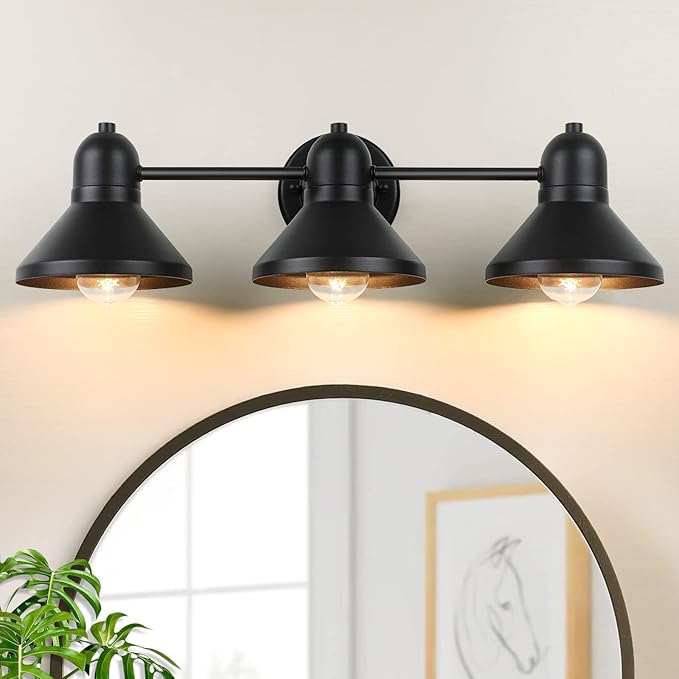 Bathroom Light Fixtures, 3-light Vanity Light Over Mirror, Matte Black Metal Bathroom Light, Modern Farmhouse Rustic Industrial Indoor Wall Mount Lighting Sconce for Living Room Cabinet Hallway