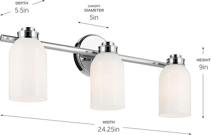 Kichler Shae 24.25" 3-Light Bathroom Vanity Light Fixture with White Opal Glass in Chrome for Over Mirror Lighting, Modern Wall Mount Vanity Lights (24.25" W x 9" H), 55202CH
