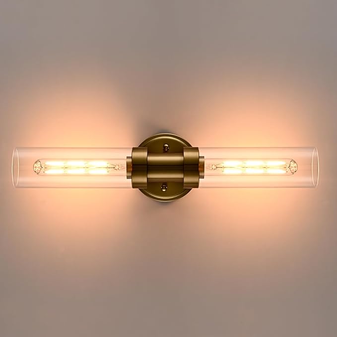 Modern 2-Light Gold Wall Sconce with Clear Glass Shade 20-Inch Brass Glass Bathroom Wall Light Fixtures for Hallway Staircase Living Room