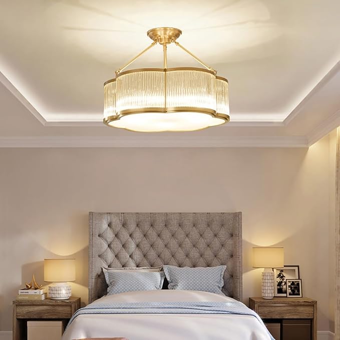 Vintage Semi-Flush Gold Chandelier,Mid-Century Modern Brass Ceiling Light Fixture,Art Deco Floral Ceiling Light,Frosted Glass Ceiling Lamp for Nursery Bedroom Kitchen