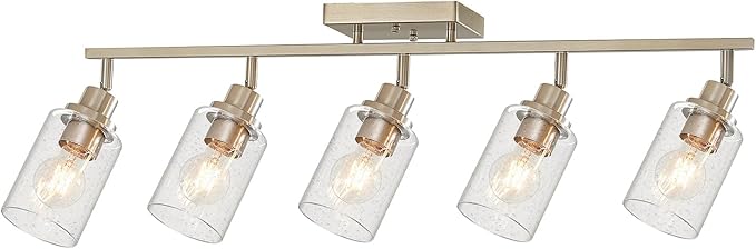 LOUSACE 5-Light Brushed Nickel Track Lighting Fixtures Ceiling Mount Spotlights with Seeded Glass Shade, Modern Bathroom Tracking Vanity Lights for Hallway Kitchen