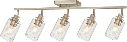 LOUSACE 5-Light Brushed Nickel Track Lighting Fixtures Ceiling Mount Spotlights with Seeded Glass Shade, Modern Bathroom Tracking Vanity Lights for Hallway Kitchen