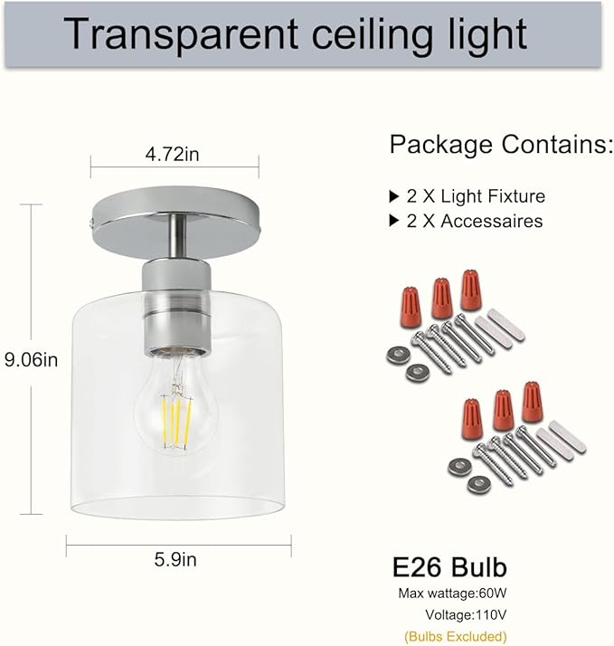 Chrome Semi Flush Mount Ceiling Light,Modern Farmhouse Ceiling Light Fixture for Closet Entryway,Hallway Light Fixture 5.9in Clear Glass Shade 2 Pack