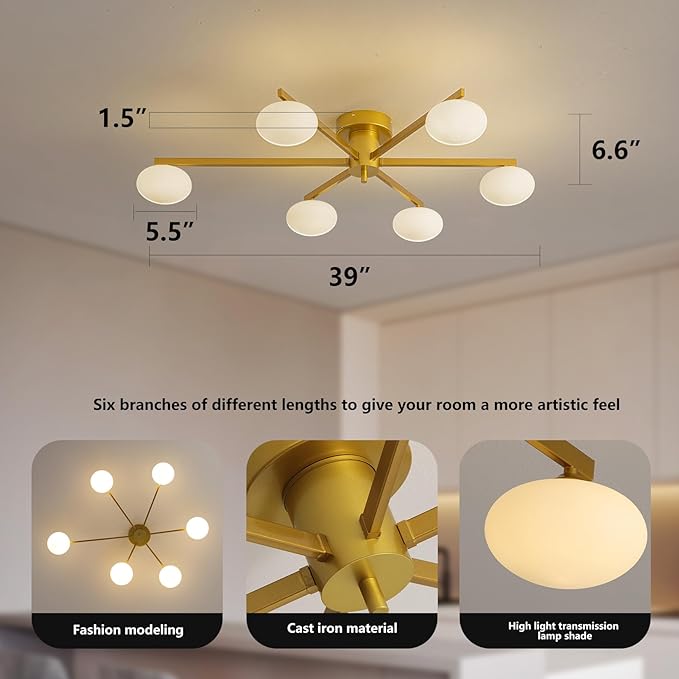Modern Semi-Flush Mount Ceiling Light with 6 Opal Glass Shades, 39" Gold Sputnik Chandelier,Mid-Century Vintage Style, Ideal for Living Room, Dining Room, Bedroom, Cafe & Hotel