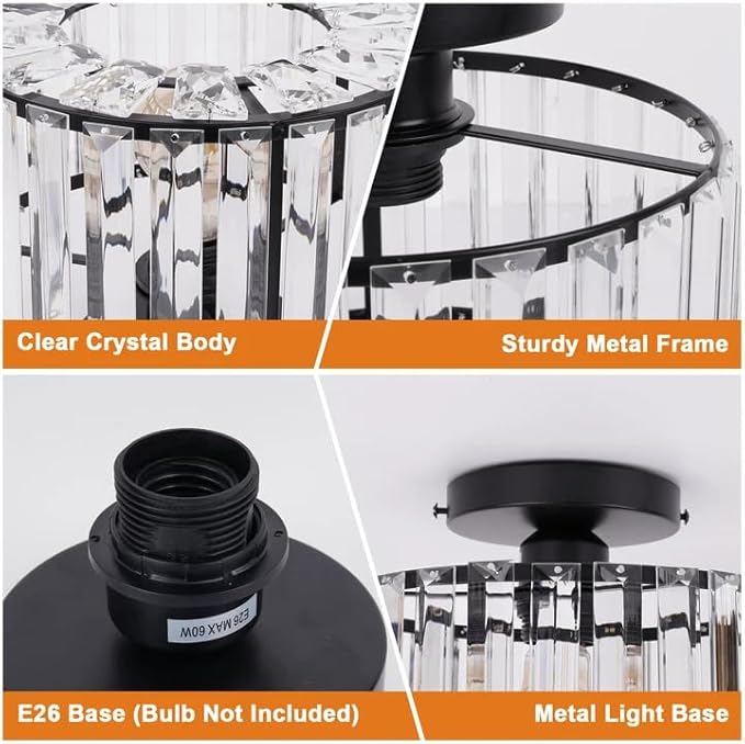 FRIDEKO HOME Crystal Ceiling Light - Black Small Chandelier Semi Flush Mount Ceiling Light Fixture Modern Lights for Hallway Bathroom Kitchen Entryway (9.05 Inch, Bulb not Included)