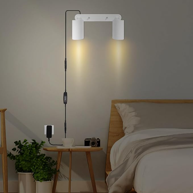 Plug in Track Lighting Track Light Fixtures with Power Cord Wall Spotlight Flexibly Rotatable Heads Plug in Ceiling Lights for Kitchen Cabinet Gallery Bar Living Room 10W 3000K(White, 2 Heads)