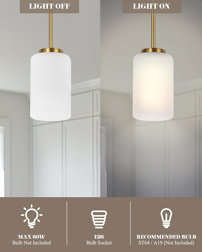 2 Pack Indoor Pendant Light Fixtures, Gold Finish Kitchen Island Hanging Lights Adjustable Ceiling Lamp, Mini Pendant Lights with White Frosted Glass Shade for House Bedroom Hallway