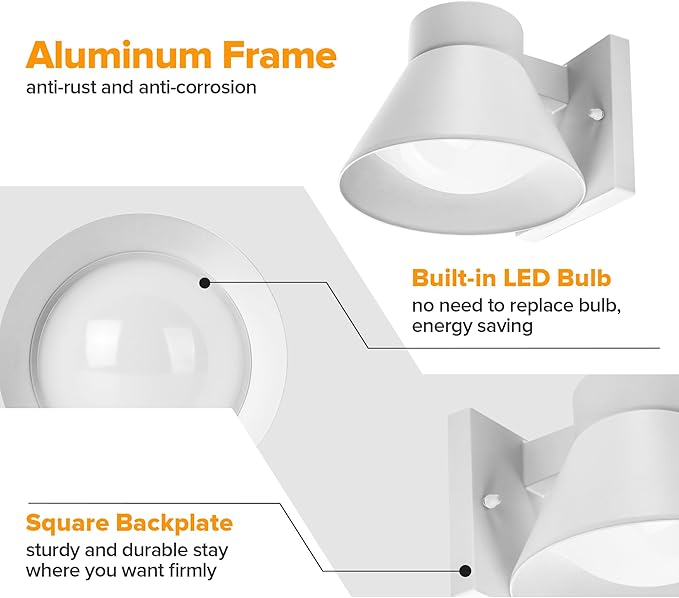 UME 2 Pack LED Outdoor Wall Light Fixtures, Dusk to Dawn Outdoor Wall Lantern, Exterior Waterproof Wall Sconce Light Fixtures, White Front Porch Lights Wall Mount Lighting