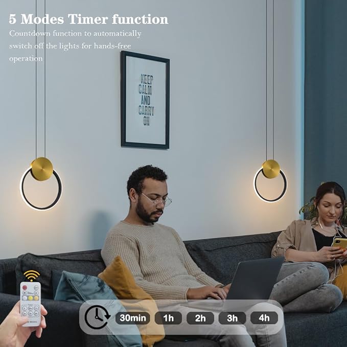 Modern LED Pendant Light Fixtures, Adjustable Height Circular Kitchen Island Light Set of 2, Small Black and Gold Hanging Pendant Light, RC Dimmable Pendant Lighting for Bedroom Entryway Hallway