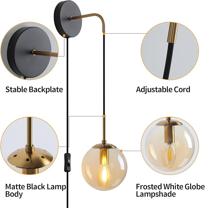 Wall Sconces Set of Two Black and Brass Gold 🔥🔥🔥 Plug in Wall Sconces Set of 2 with Globe Amber Glass Shade Wall Lights Wall Lamps for Bedrooms Sconces Wall Decor Set of 2 with Plug in Cord Switch