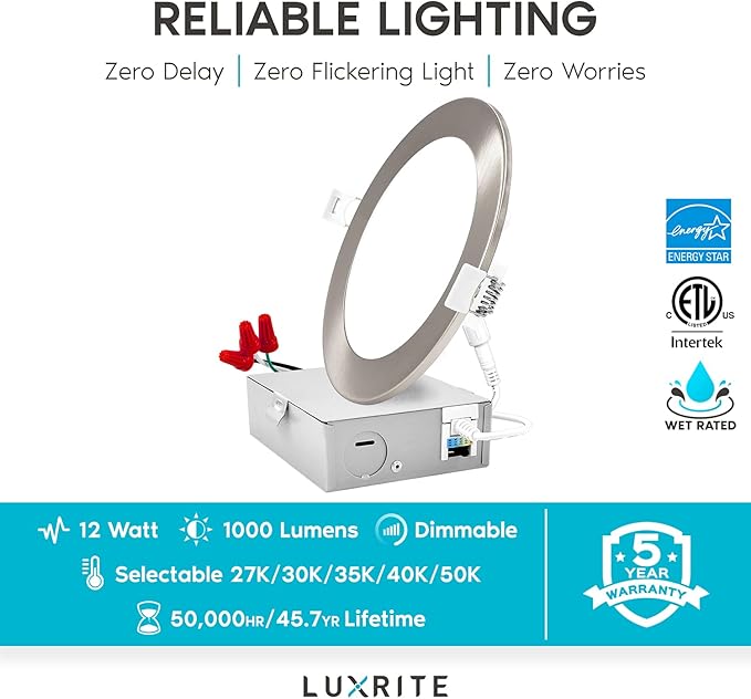 LUXRITE 6 Inch Ultra Thin LED Recessed Light with J-Box, 12W, 5 Color Options 2700K | 3000K | 3500K | 4000K | 5000K, Dimmable Wafer Light, 1000 Lumens, Brushed Nickel, Energy Star, IC Rated