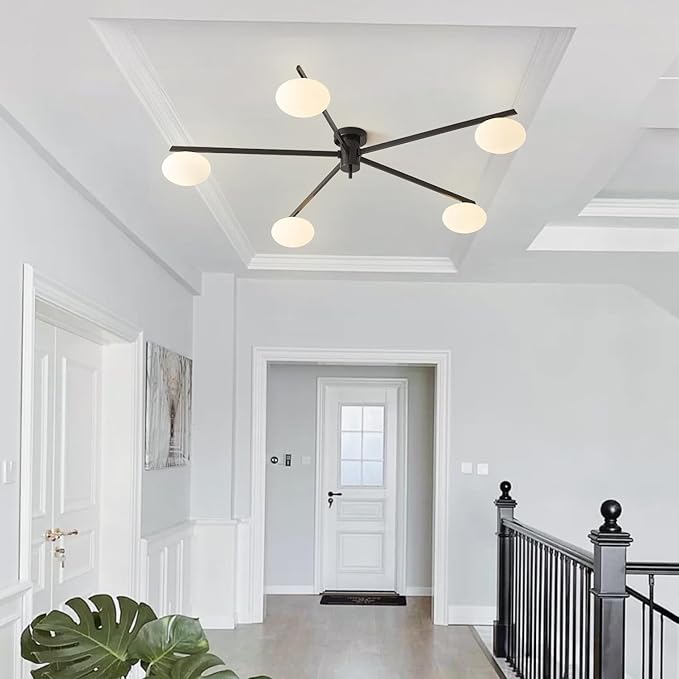 5 Lights Mid Century Modern Black Sputnik Semi Flush Mount Ceiling Light Vintage Glass Close to Ceiling Light Fixtures Industrial Metal Ceiling Chandelier Glass Globe Hall Light MCL05-BK