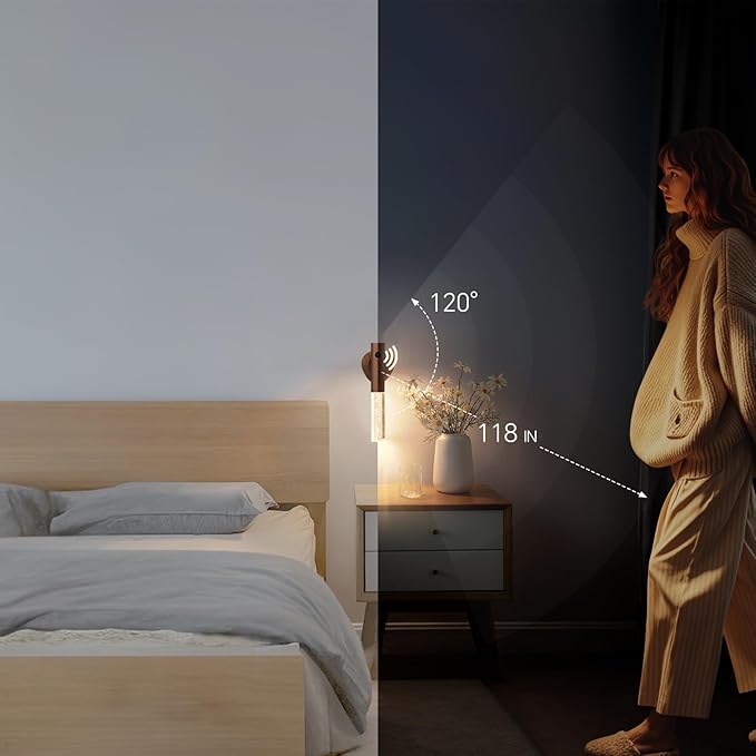 Motion Sensor Night Lights Indoor, Rechargeable Night Lights Wall Sconces Wooden Set of 3, Battery Powered Magnetic Wall Sconces Decor for Bedroom, Hallway, Bathroom, Stairway, Closet（Walnut Wood）