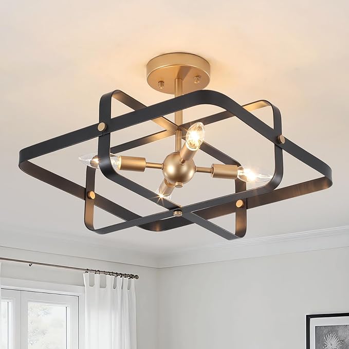 4-Lights Modern Semi Flush Mount Ceiling Light, Black and Gold Ceiling Light Fixture, Metal Industrial Geometric Chandelier Ceiling Lamp for Kitchen Bedroom Hallway Entryway Foyer Closet