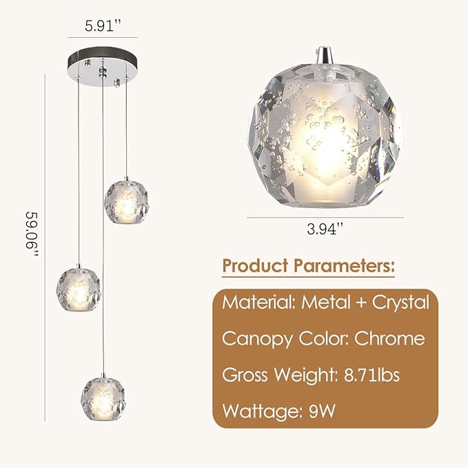 3 Lights Pendant Lighting, Kitchen Chrome Pendant Lights, Bubble Crystal Pendant Island Light Fixture, Modern Cluster Pendant Hanging Light for Dining Room
