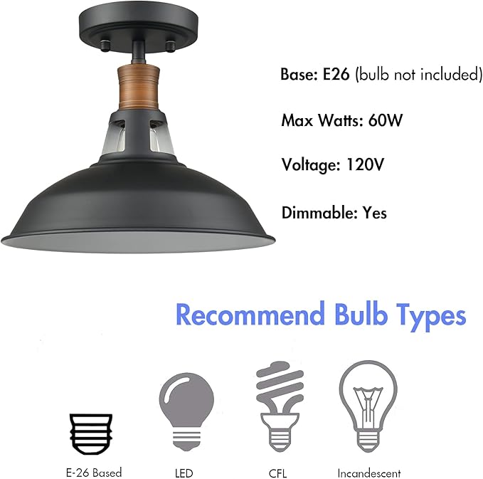 CLAXY Industrial Ceiling Light Semi Flush Mount Light Fixture with Black and White Barn Shade Dimmable for Kitchen Bedroom Entryway