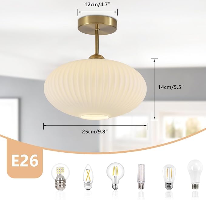 BOKT Vintage Gold Ceiling Lights Set of Two 9.8" Milk White Glass Semi Flush Mount Light Hallway Close to Ceiling Lights 2 Pack Mid Century Modern Ceiling Pendant Lights for Living Room Bedroom