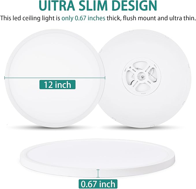 12Inch LED Flush Mount Ceiling Light – 24 W 2400 LM Dimmable, 3-CCT Changeable (3000K/4000K/6000K), Ultra-Thin Modern Round Light Fixture for Kitchen, Dining Room, Bedroom, Office