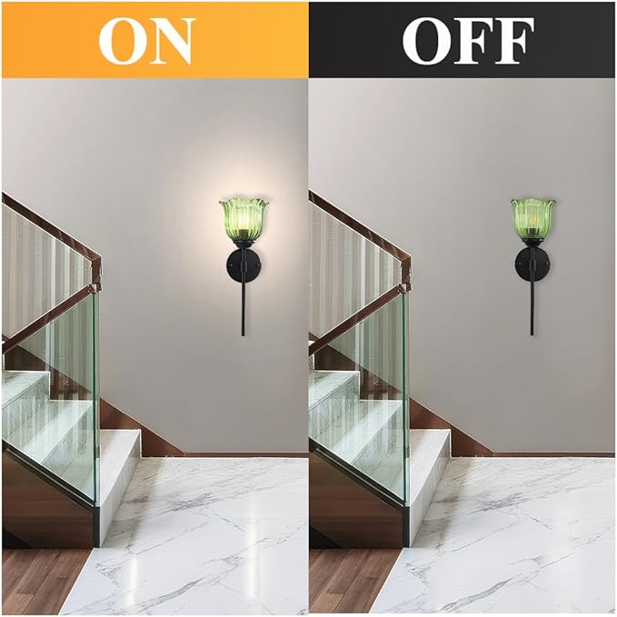 Farmhouse Wall Sconces, Black Wall Light with Green Glass Flower Shade, Hardwired Wall Mount Light Fixtures for Living Room, Bathroom, Bedroom, Hallway
