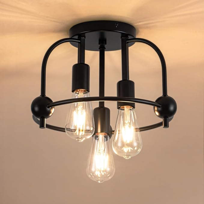3 Light Industrial Ceiling Light Black Semi Flush Mount Lights Close to Ceiling Light Fixtures,cage Design Farmhouse Ceiling Lighting for Kitchen Bedroom Bathroom Foyer Hallway (E26, 1Pack)
