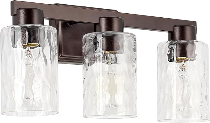 3-Light Bathroom Light Fixtures Modern Oil Rubbed Bronze Vanity Lights with Water Ripple Glass Wall Sconces Over Mirror for Bathroom, Powder Room, Living Room