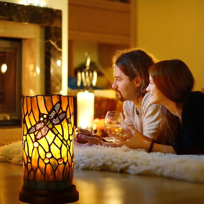 Tiffany Style Table Lamp for Bedroom Baroque Stained Glass Nightstand Bedside Night Lamp Party Light Hand-Made Art Home Deco Christmas Gifts W/ 2 LED Bulbs (3 Color Temperatures+Flame Bulb)