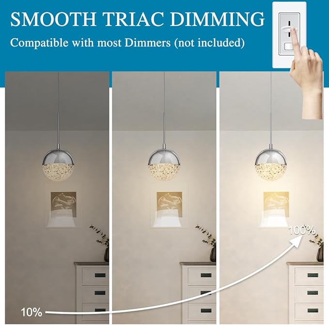 Pendant Lights Kitchen Island Chrome, Height Adjustable Modern LED Pendant Lighting, Crystal Globe Chandelier for Dining Room, 8W, 3000K/4000K/5000K Selectable, Dimmable, ETL 3-Pack