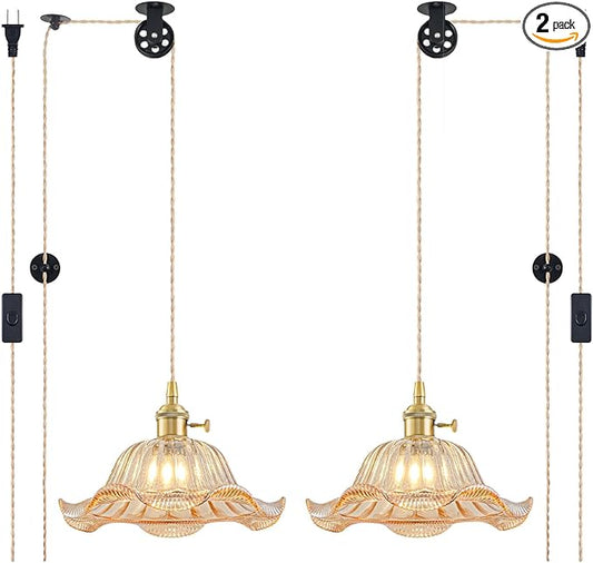Plug in Pendant Light Vintage 2 Pack, Adjustable Pulley Hanging Lamp with Amber Lily Glass Shade, Brass Hanging Lights with Plug in Cord, Gold Hanging Pendant Light for Bedroom Living Room Kitchen