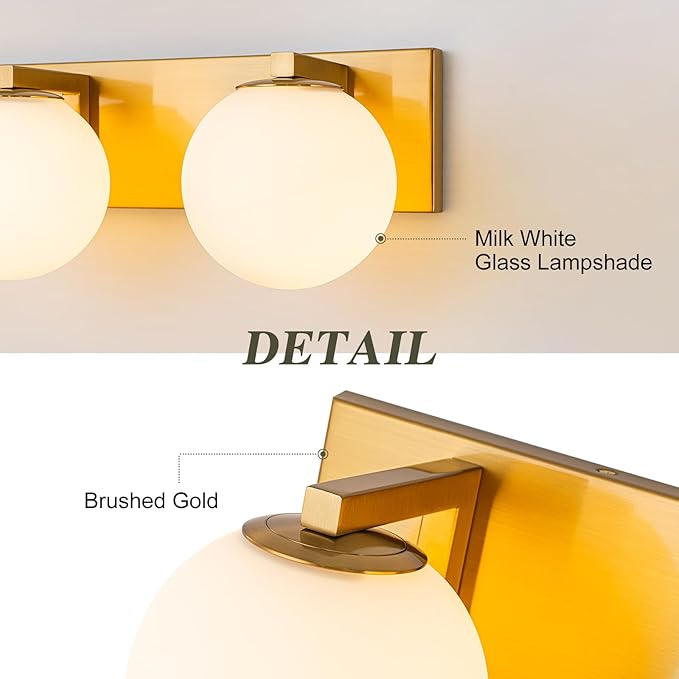 Lingkai Brushed Gold Vanity Light, 3-Light Bathroom Lighting Fixtures Above Mirror with Milky White Glass Globe Shades, Mid-Century Modern Vanity Lighting Fixtures Wall Sconce 22 Inch, E12 Socket