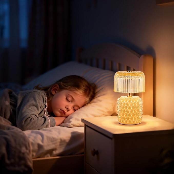 Small Battery Operated Lamp with Timer, Tiny Cordless Glass Table Lamp for Home Decor, Kitchen, Bathroom, Birthday Gift for Women, Pearl, Yellow