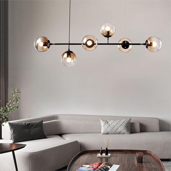 BOKT Modern 6-Light Hanging Light Glass Ball Pendant Light Kitchen Island Linear Pendant Light Dining Room Chandelier for Iving Room Dining Hall