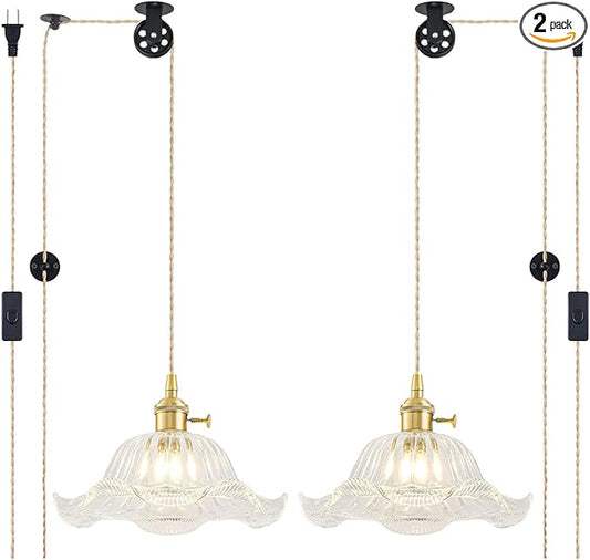 Plug in Pendant Light Vintage 2 Pack, Adjustable Pulley Hanging Lamp with Clear Lily Glass Shade, Brass Hanging Lights with Plug in Cord, Gold Hanging Pendant Light for Bedroom Living Room Kitchen