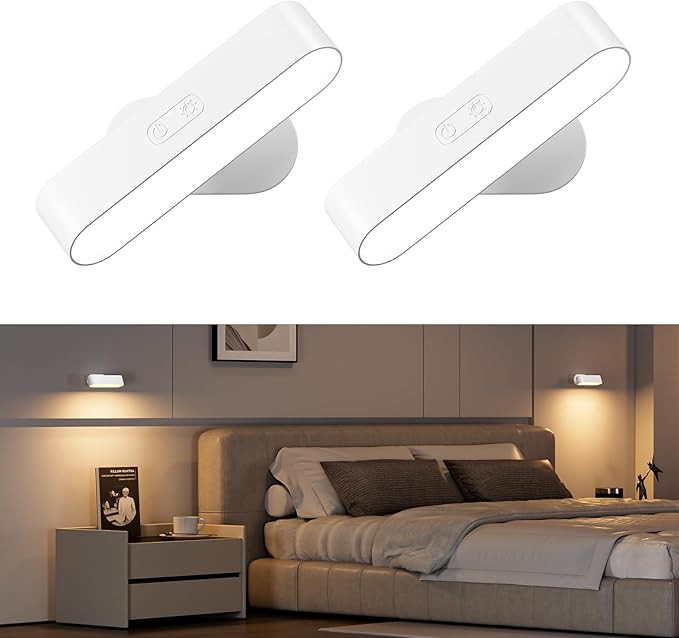 Hensam Battery Operated Wall Sconces, Wireless LED Wall Sconce Set of Two, Rechargeable Wall Lights for Living Room, 5 Colors Dimmable Wall Lamps for Bedroom, White 2 Pack