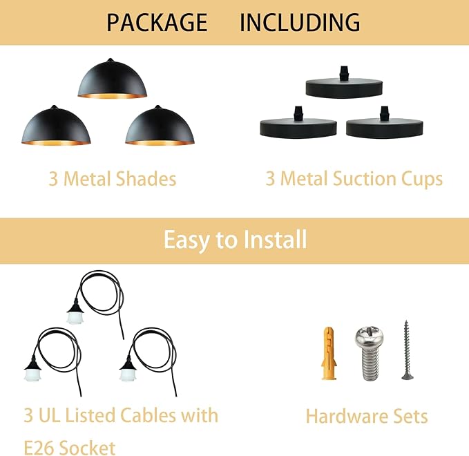 Takor 3 Pack Metal Pendant Light Fixtures, Rustic Ceiling Lights, Industrial Adjustable Hanging Lamp with E26 Base, Farmhouse Pendant Lighting for Kitchen Island, Living Room, Black(Bulb Not Included)